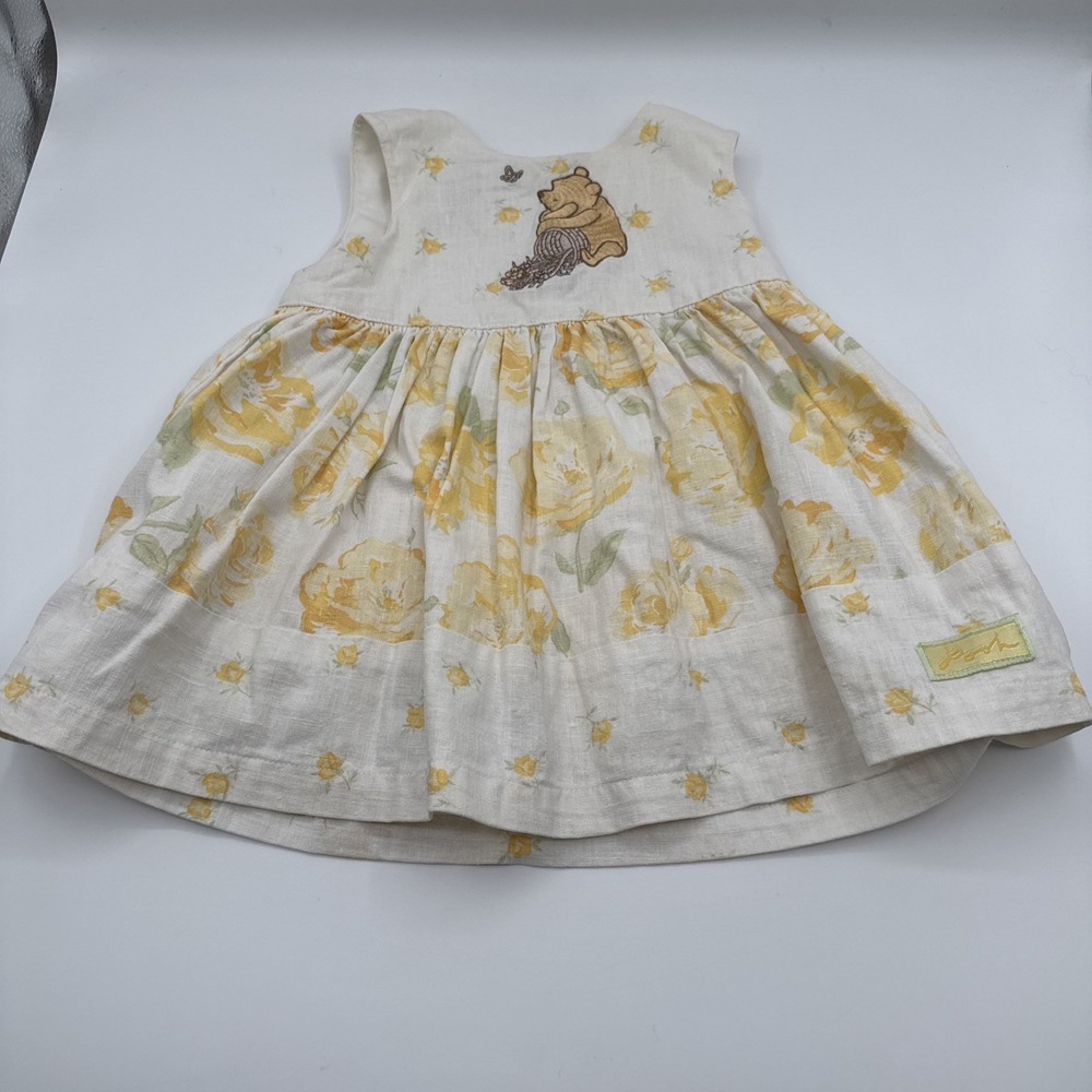 Vintage Disney Store Pooh Dress 6 Months Yellow Floral Embroidered Linen Cotton